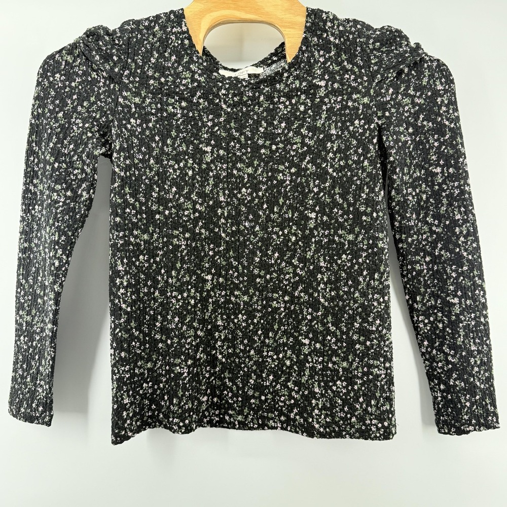 LOFT Shirt Womens Medium Black Green Ribbed Puff Sleeve Floral Long Sleeve Top‎